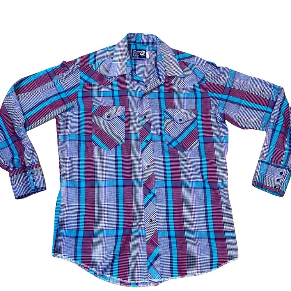 Vintage Wrangler Purple Snap Button Cowboy Cut Western X-Long Tail Plaid Shirt